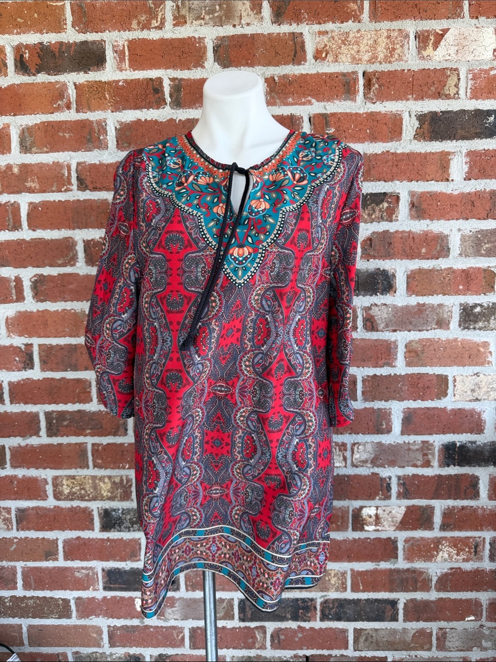 Teal-Embellished Red Paisley Mini Dress